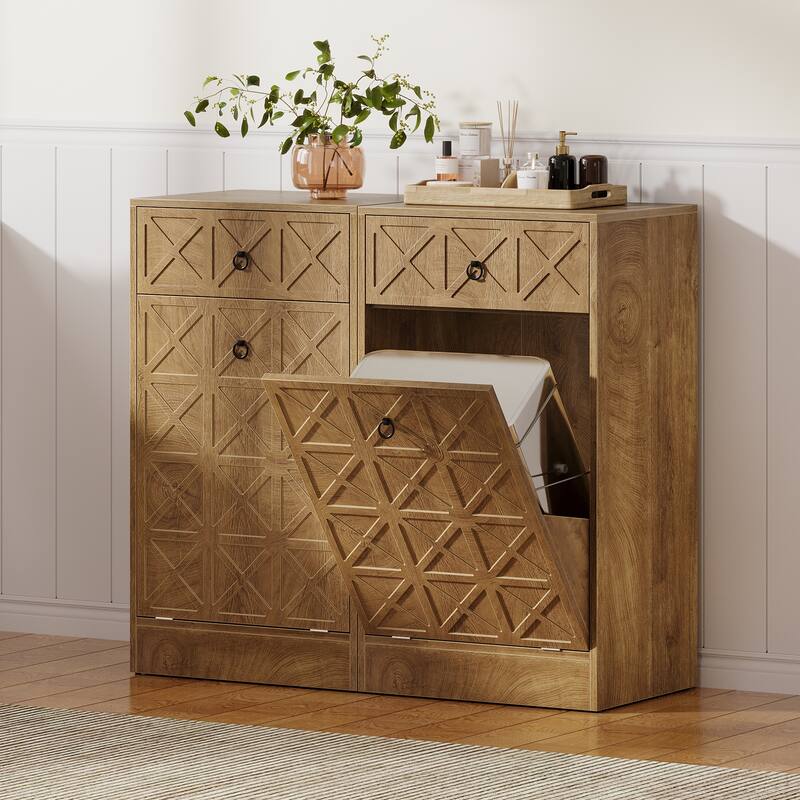 13 Gallon Tilt-Out Laundry Hamper Cabinet with Drawer, Freestanding Hidden Laundry Sorter Storage Unit for Bathroom