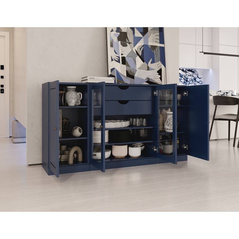Palace Imports 100% Solid Wood 65" Sideboard with Solid, Clear Glass Doors, 2-Drawers and Adjustable Shelves