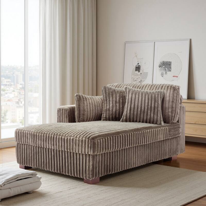 42" W Plush Corduroy Upholstered Chaise Lounge Sleeper for Living - Chaise&2 Pillows-Left Facing - Light Brown
