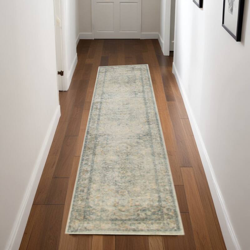 Mibo Power Loomed Distressed Floral Low Pile Area Rug By HomeRoots - 96' X '26' X '0.25 - 96' X '26' X '0.25 - Oxford Blue - Runner