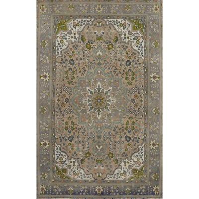 Hand Knotted Oriental 100% Wool Carpet Traditional Floral Brown Tabriz Area Rug - 9' 10'' X 6' 8''