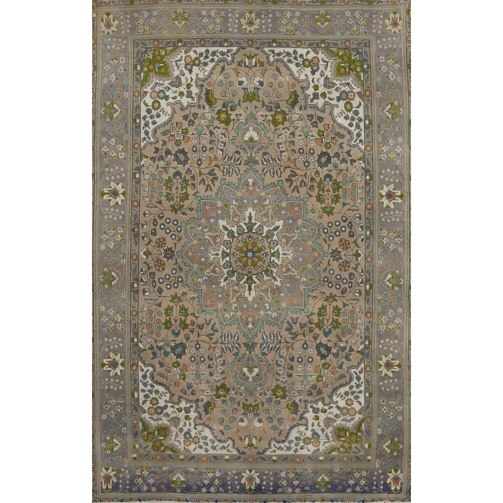 Hand Knotted Oriental 100% Wool Carpet Traditional Floral Brown Tabriz Area Rug - 9' 10'' X 6' 8''