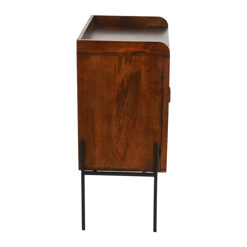 Solid Wood Bar Cabinet with Metal Legs and Woven Cane Doors