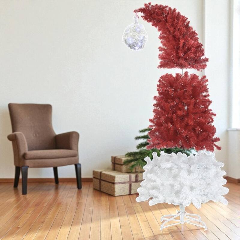 6FT Santa Hat Style Artificial Christmas Tree with 300 LED Lights and 1250 PVC Tips, Hinged Bendable Holiday Decor