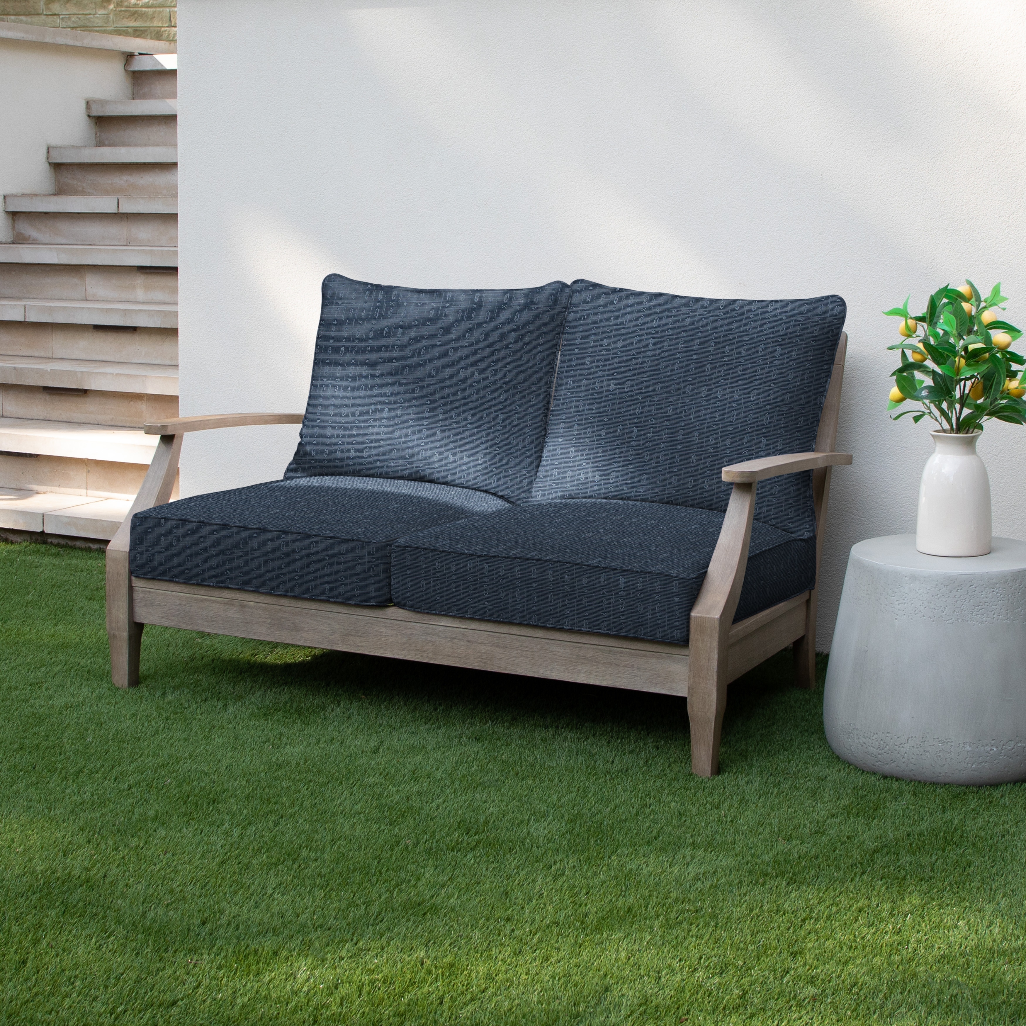 Sorra Home Sunbrella Textured Indigo Indoor/Outdoor Loveseat Pillow and Cushion Set