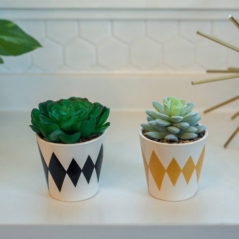 SET OF 2 Artificial Plant in Diamond print ceramic Pot,Black&Yellow - ONE-SIZE