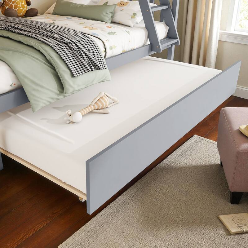 Twin Over Full Rubber Wood Bunk Bed with Twin Trundle, Convertible Ladder, Detachable Design, and Safety Guardrails