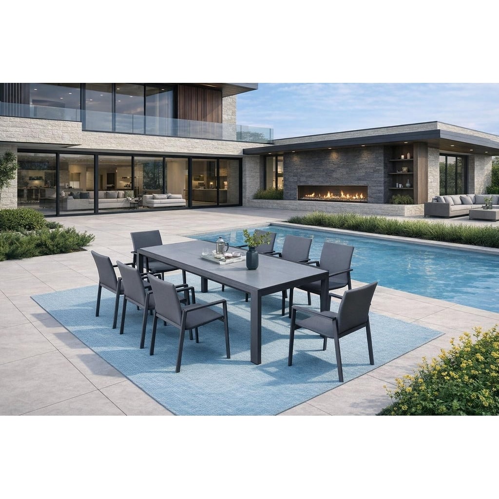 Dekota Dark Grey 9-Piece Aluminum Outdoor Dining Set with Sling Set in Midnight Grey - N/A