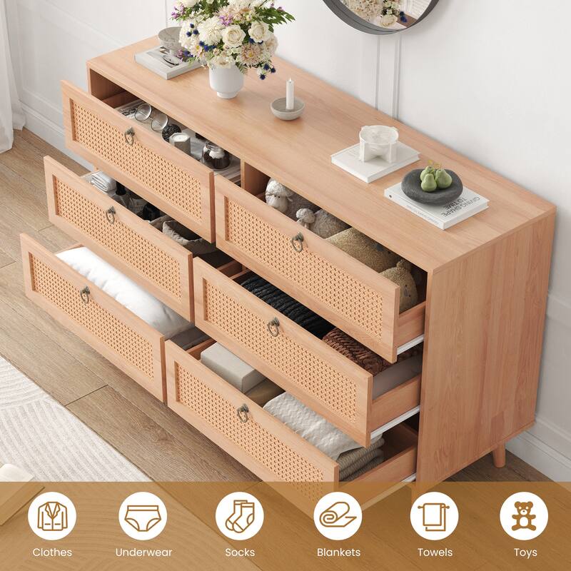 Rattan 6 Drawer Double Dresser for Bedroom, Chest of Dressers, Modern Dresser Drawer Chest