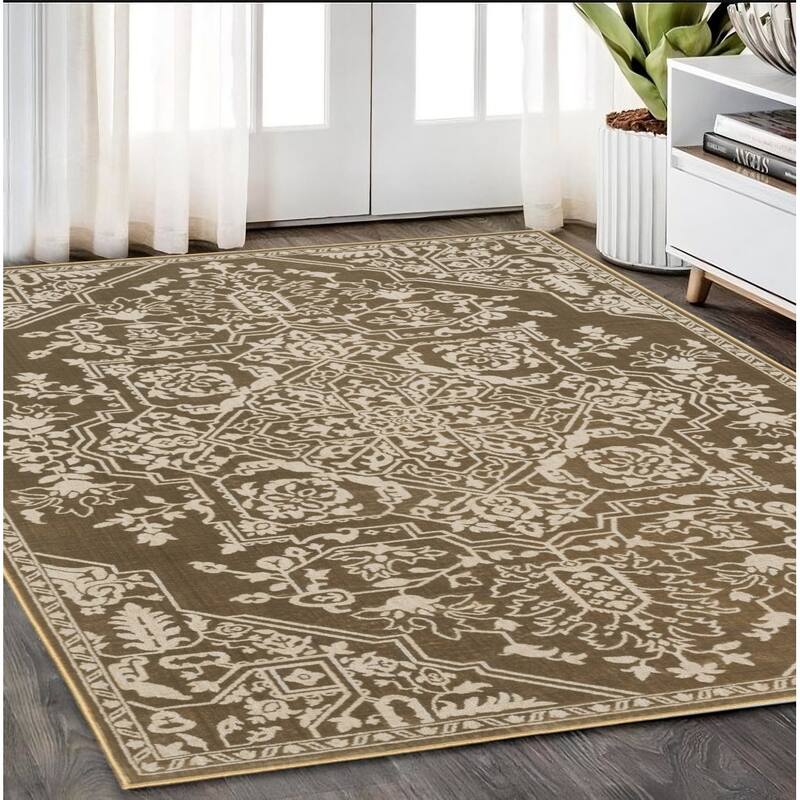 HomeRootsOriental Traditional Rectangle Area Rug - 90.55' X '62.99' X '0.39 - Beige/Gold