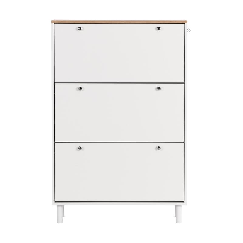Sleek Narrow Shoe Cabinet with Adjustable Shelves & 3 Flip Drawers, Wood Grain Finish for Entryway Storage