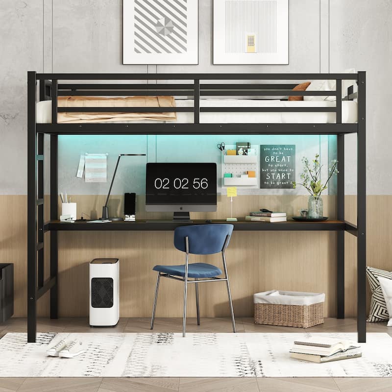 Space-Saving Twin XL Metal Loft Bed with Desk, Power Outlet, and LED Lighting