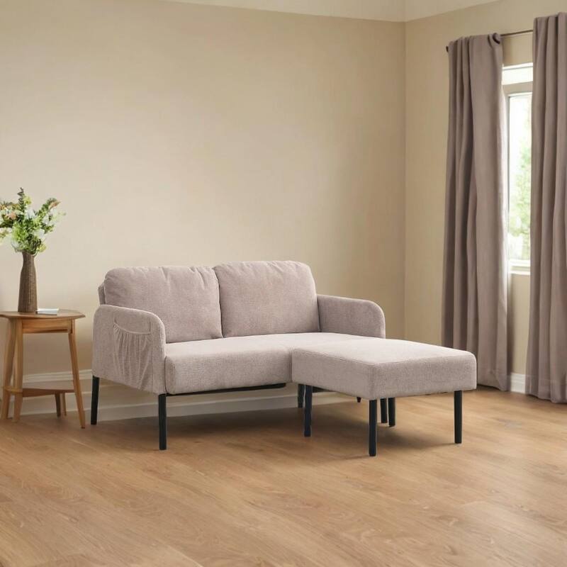 L-Shaped 2 Seater Sofa with Ottoman, Modern Polyester Fabric Loveseat Sofa, Comfy Small Couches for Small Space