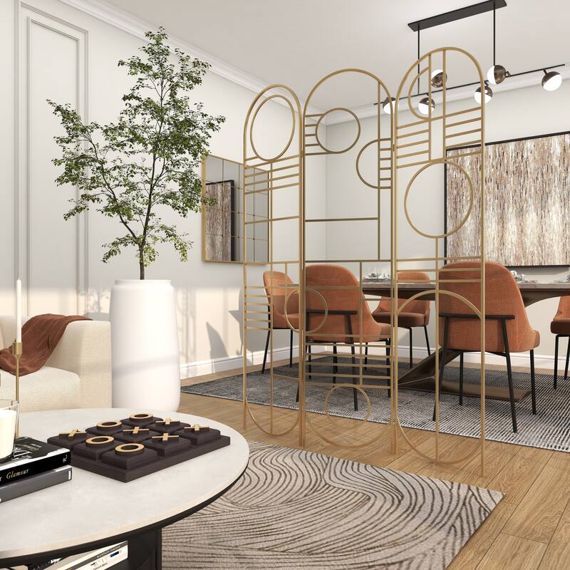 Gold Metal Hinged Foldable Arched Partition 3 Panel Geometric Partition Room Divider Screen