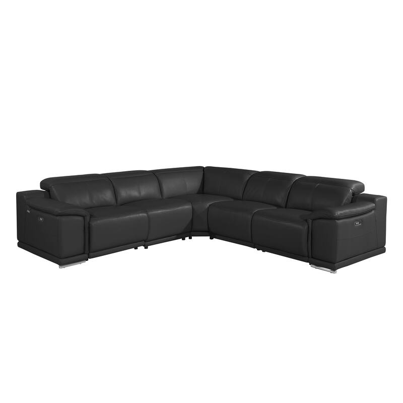 HomeRoots Black Italian Leather Modular L Shaped Five Piece Corner Sectional