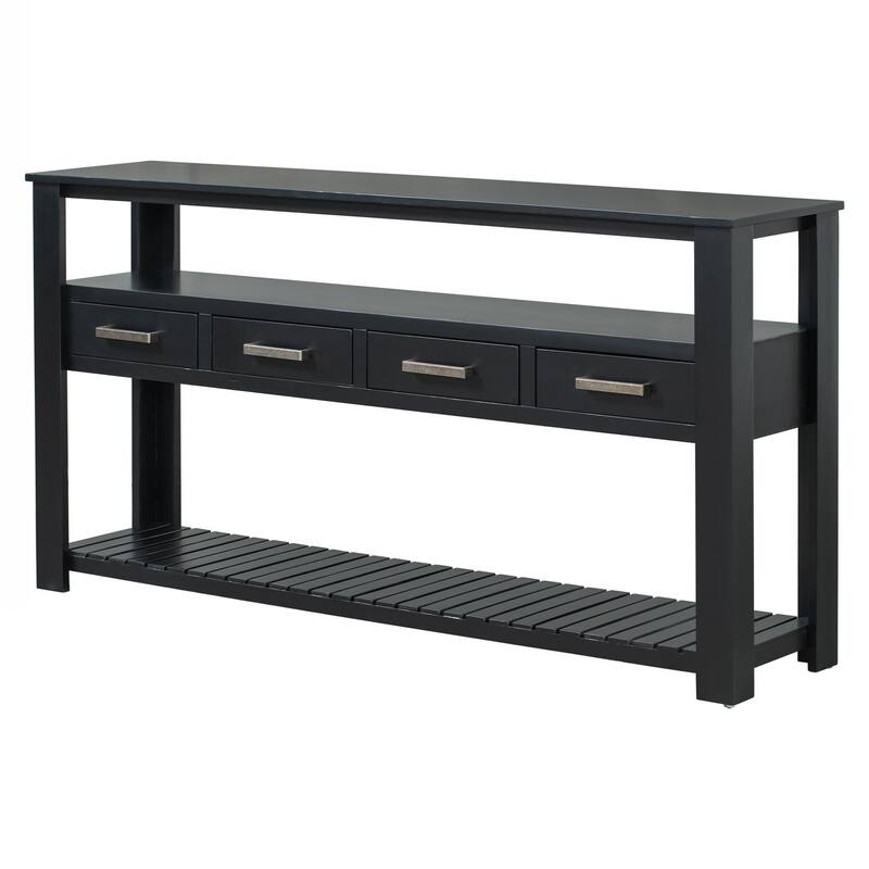 Entryway Table with 4 Drawers,Painted Console Table with 3-Tier Open Shelves and Metal Handles,Versatile Hallway Sofa Table