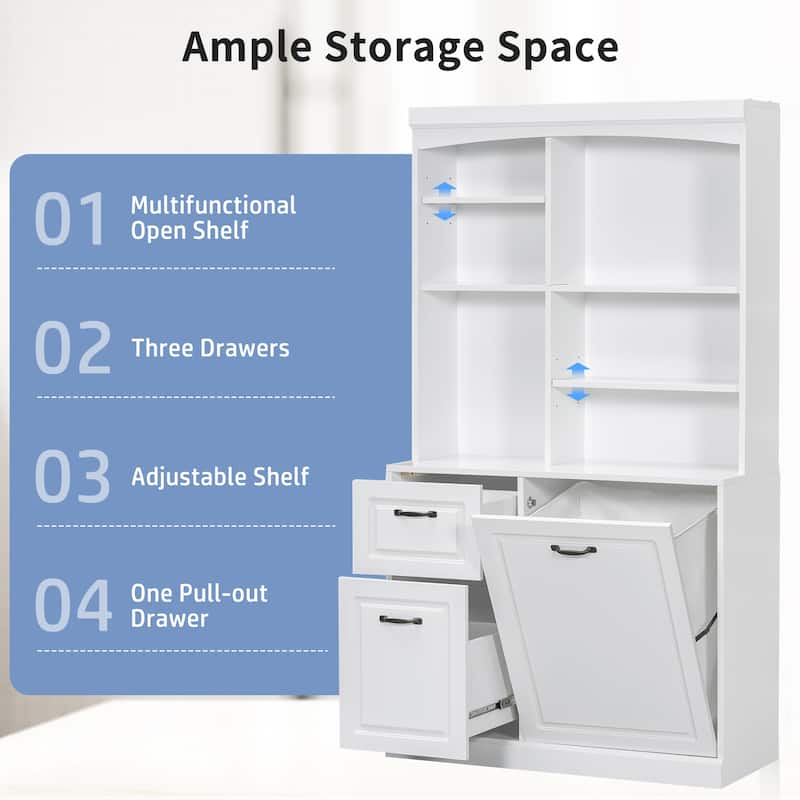 70.9" Bathroom Storage Cabinet - Tilt-Out Hamper, Adjustable Shelves & Drawers, MDF Linen Tower