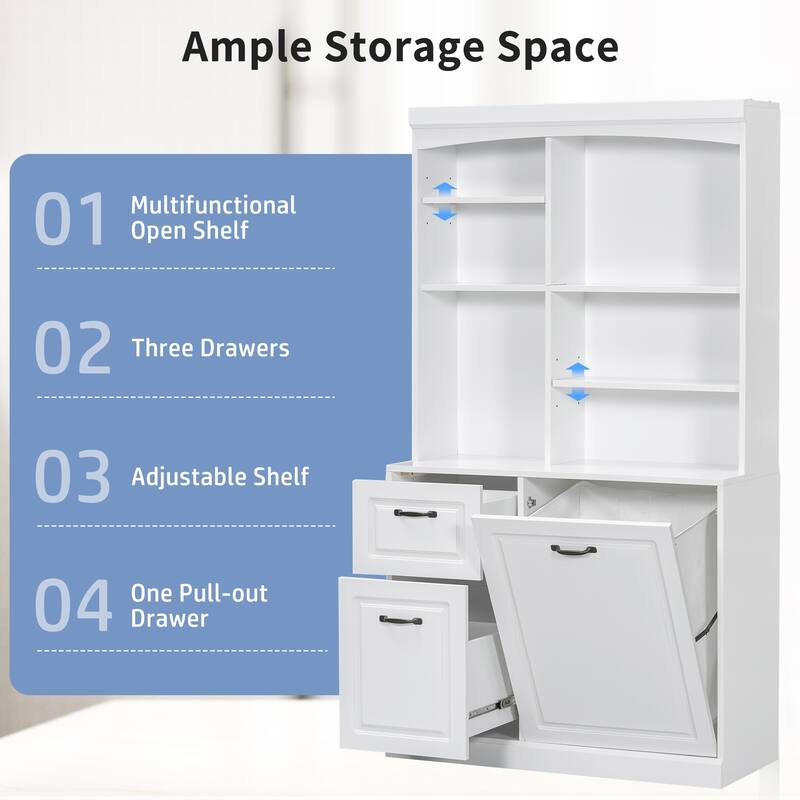 Bathroom Tall Free Standing Cabinet Storage Floor Cabinet w/ Adjustable Shelves, Drawers, Tilt-Out Linen Hamper & Steel Handles