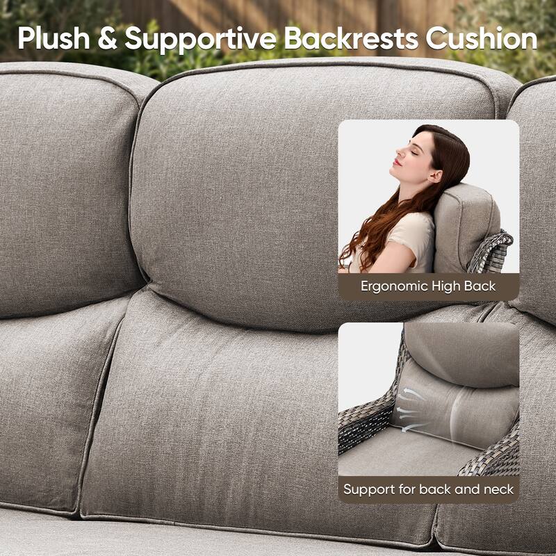 Pocassy Outdoor 3 Seat Sofa with 5 In Thick Cushion Patio Wicker Sofa