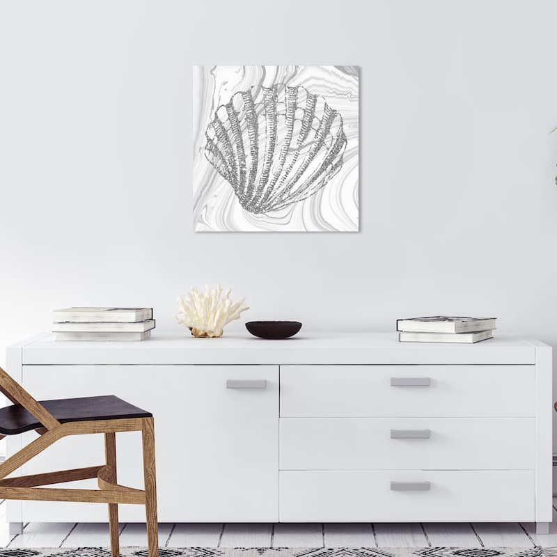 Wynwood Studio Canvas Nautical and Coastal Glitter Silver Seashell Gray and Silver Nautical & Coastal Wall Art Canvas Print - 20 x 20