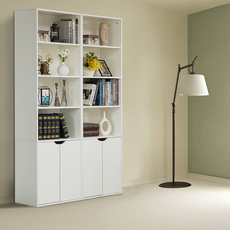 71" White 4 Tier Open Book Shelf with 2 Doors and 1 Adjustable Shelf - Ideal for Home Office, Living Room, Classroom, Study Room