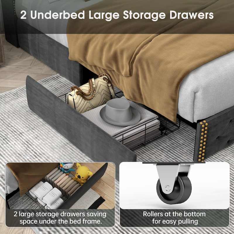 Full Size Bed Frame with 2 Storage Drawers and Wingback Headboard, Velvet Upholstered Platform Bed Frame with Charging Station