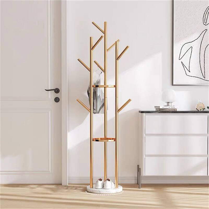 Freestanding 66.9 In Metal Coat Rack Stand with Marble Base - Gold+White