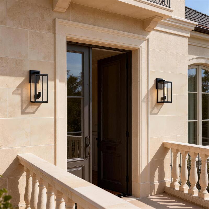 2 Pack Black Outdoor Lighting Wall Sconce with Clear Glass - Medium: 15.9" H x 6.4" W x 7.8" D - Black
