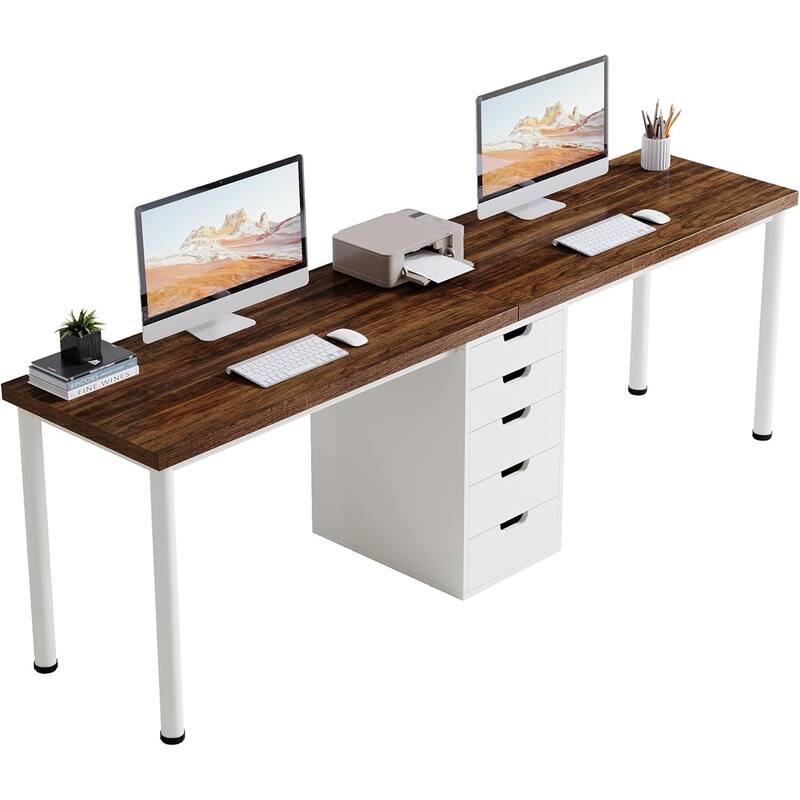 78.7-Inch Double Workspace Desk with 5 Storage Drawers and Metal Frame for Home or Office Use - White-Rustic-Brown
