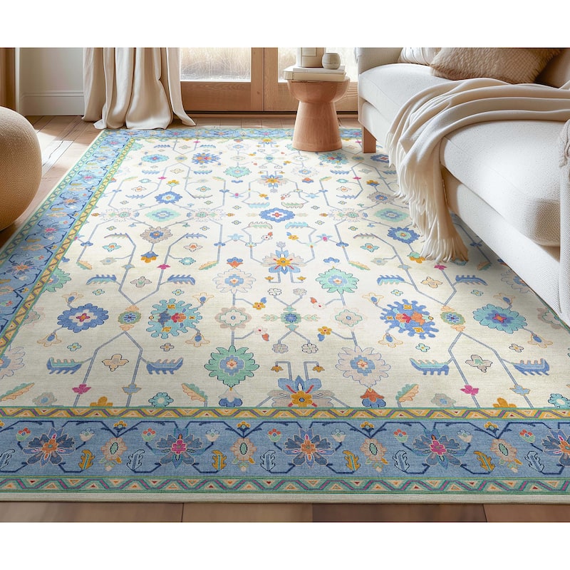 Well Woven Ushak Antalya Floral Modern Vibrant Flat-Weave Area Rug - 7'7" x 9'10" - Ivory Blue Multi