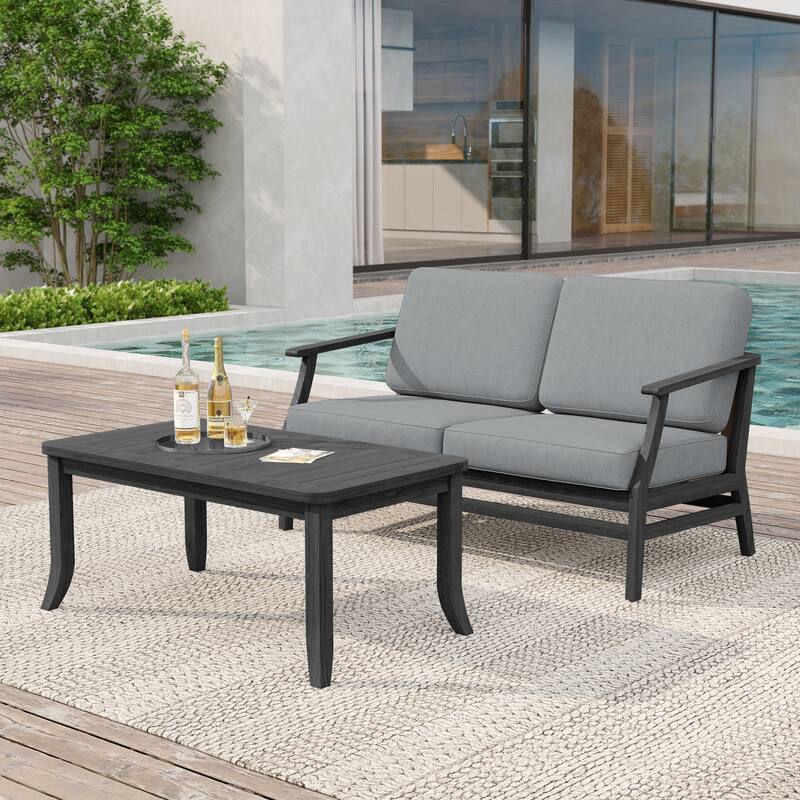 Teak Wood Patio Outdoor Loveseat Sofa and Coffee Table Set