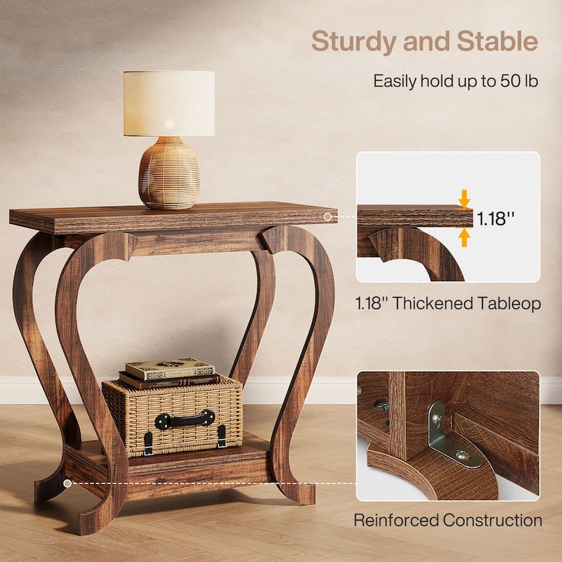 2-Tier End Table, Narrow Wood Side Table with Storage Shelves