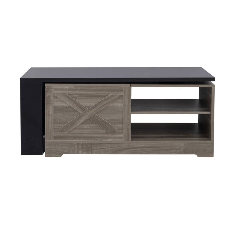 Farmhouse Lift Top Coffee Table, Wood Rectangular Center Table with Hidden Storage, Barn Doors, Open Cabinet