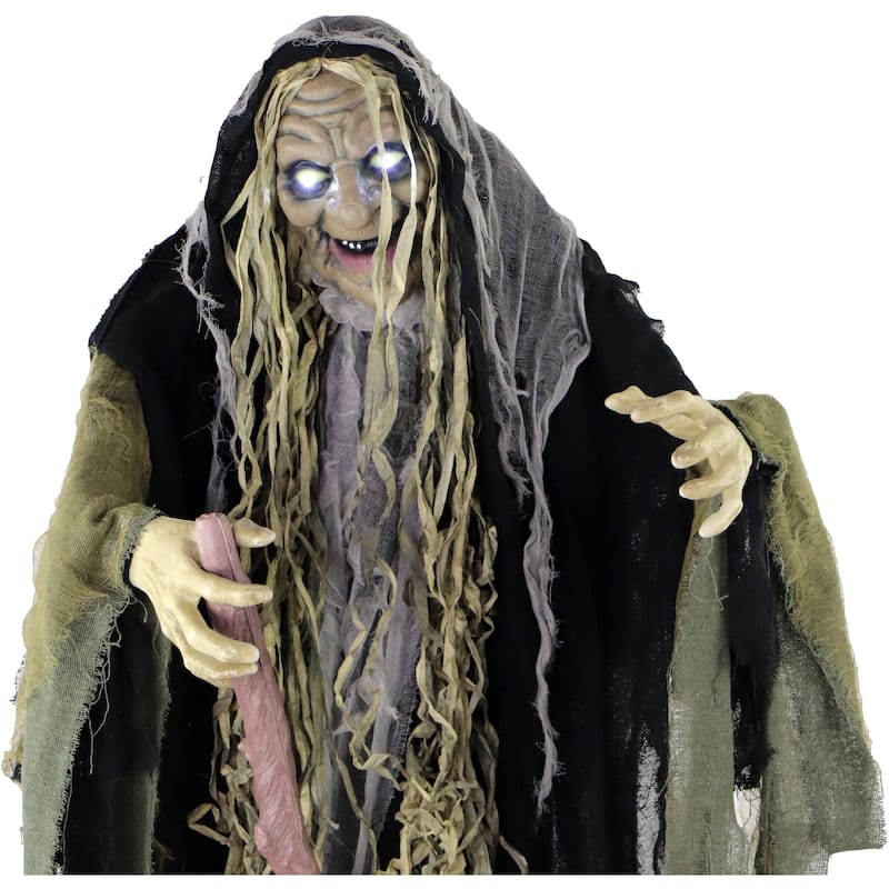 Haunted Hill Farm 5.7-Ft. Life-Size Talking Animatronic Witch with White Eyes