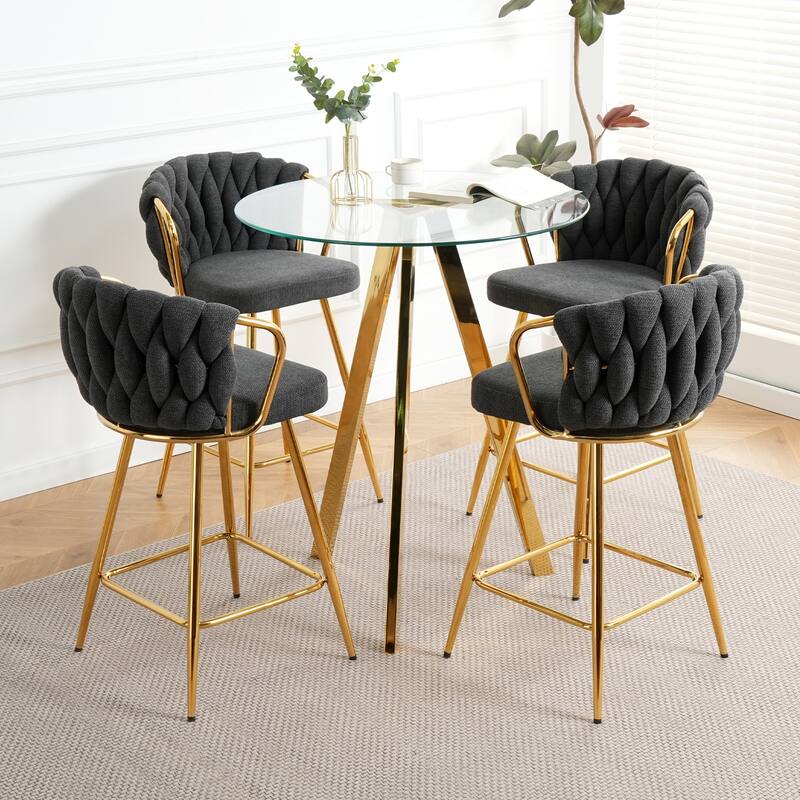 Set of 5 Dining Set, Round Glass Table and 4 Upholstered Chairs with Gold-plated Metal Legs - Dark Gray