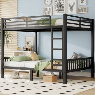 Queen Over Queen Bunk Bed Frame, Heavy-Duty Metal Loft with Safety Ladder, Guardrails, and Slatted Support