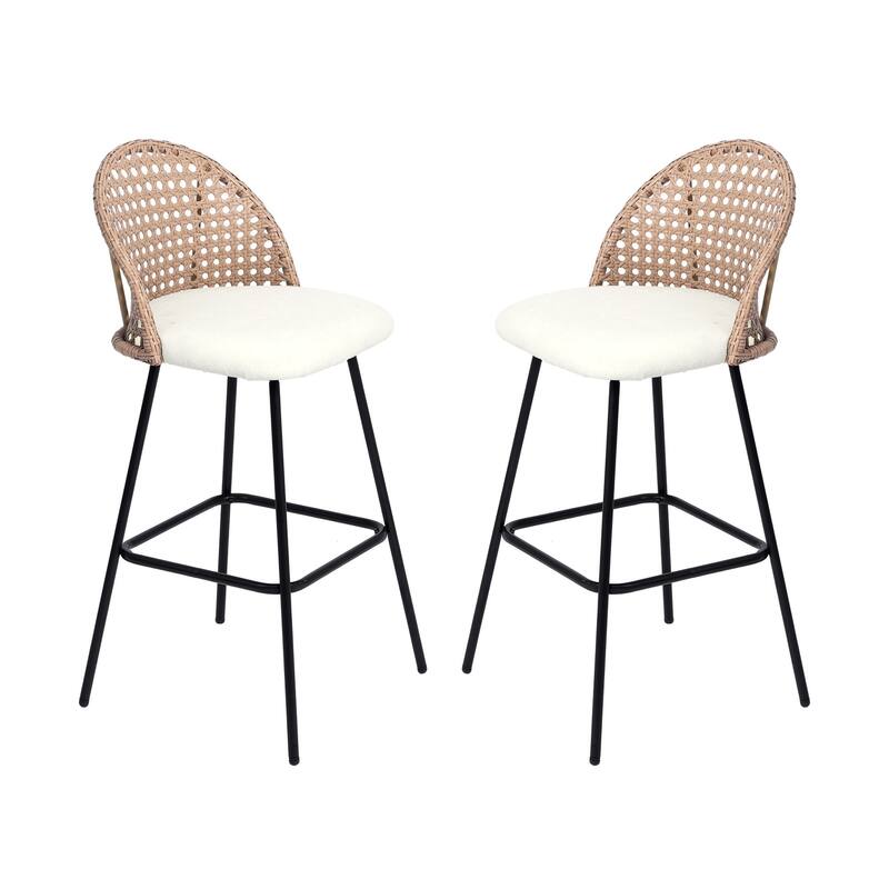 Coastal Rattan Back Counter Height Upholstered Bar Stools