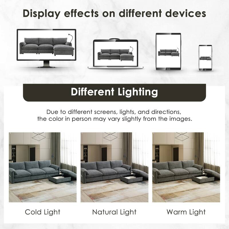 L-Shaped Sectional Chenille Sofa with Storage Ottoman, Phone Holder, USB Charger, Elephant Ear-Shaped Armrests and Pockets