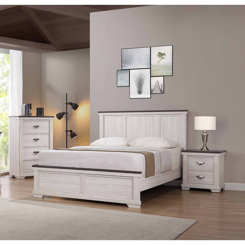 Queen Size Wooden Panel Bed with Farmhouse Headboard and Tapered Feet