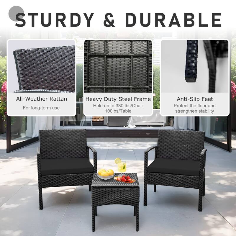 Outdoor Furniture 3 Piece Patio Bistro Furniture Set, Rattan Conversation Chairs Set with Side Table and Cushions