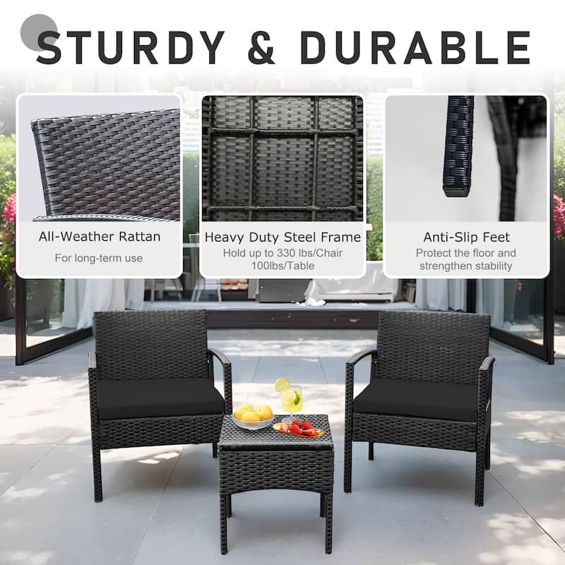 3 PCS Outdoor Patio Bistro, Rattan Conversation Chairs Set, Balcony Furniture Set - 28"H x 23.3"W x 23.3"D