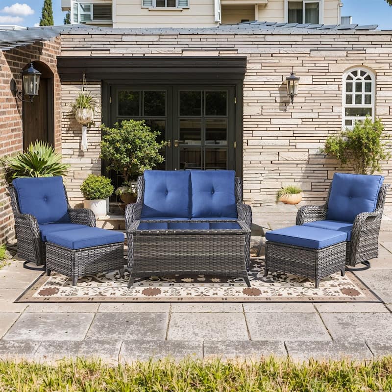 Pocassy Outdoor 6 Pieces 2-Seat Sofa Swivel Chairs Table Ottoman - Blue cushion - Gray Wicker