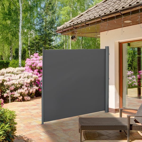 slide 2 of 20, Outsunny 9.8' Retractable Folding Patio Privacy Side Awning with 50+ UV Protection, 2 Wall Brackets, & Polyester