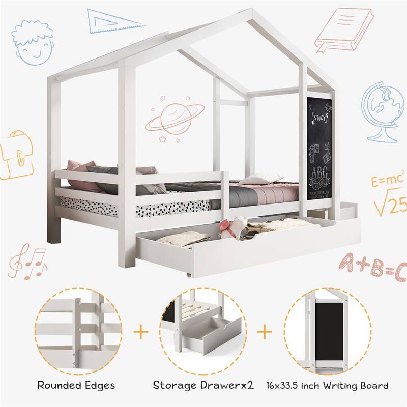 Twin House Bed with Blackboard and Drawers, Two Assembly Options