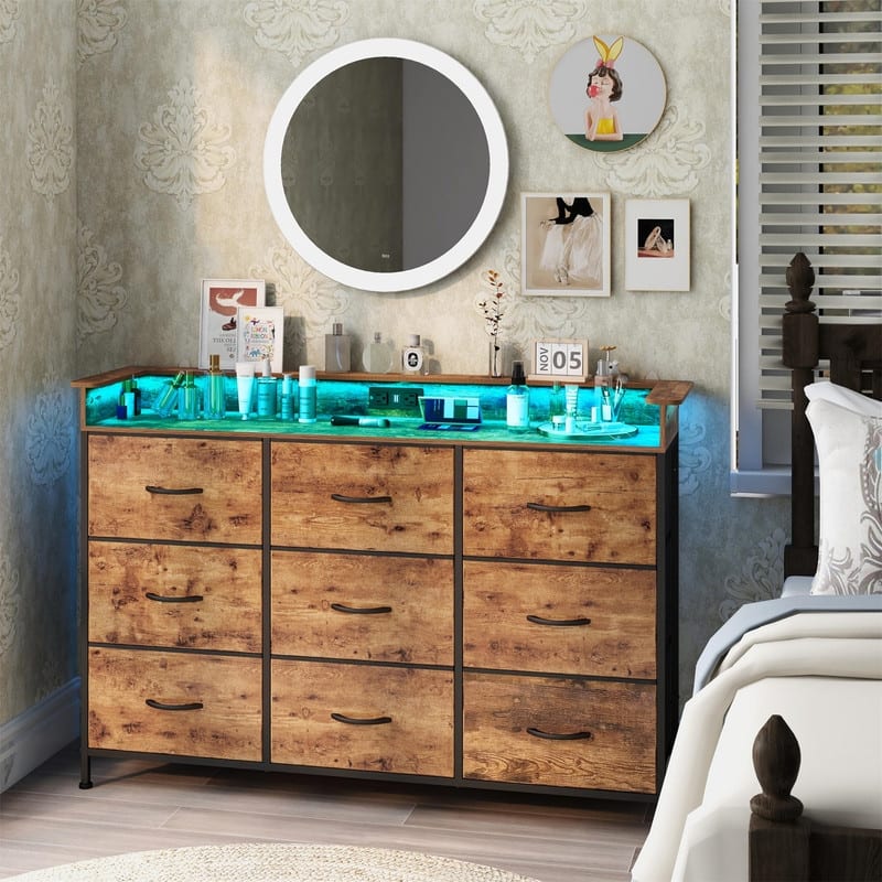 White Dresser with LED Light - Rustic Brown