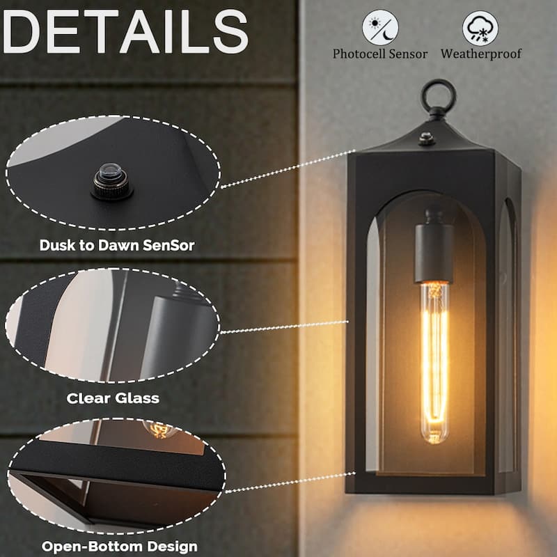 Unique/Statement Dusk to Dawn Outdoor Wall Light with Clear Glass Farmhouse Black Exterior Wall Sconce for Garage