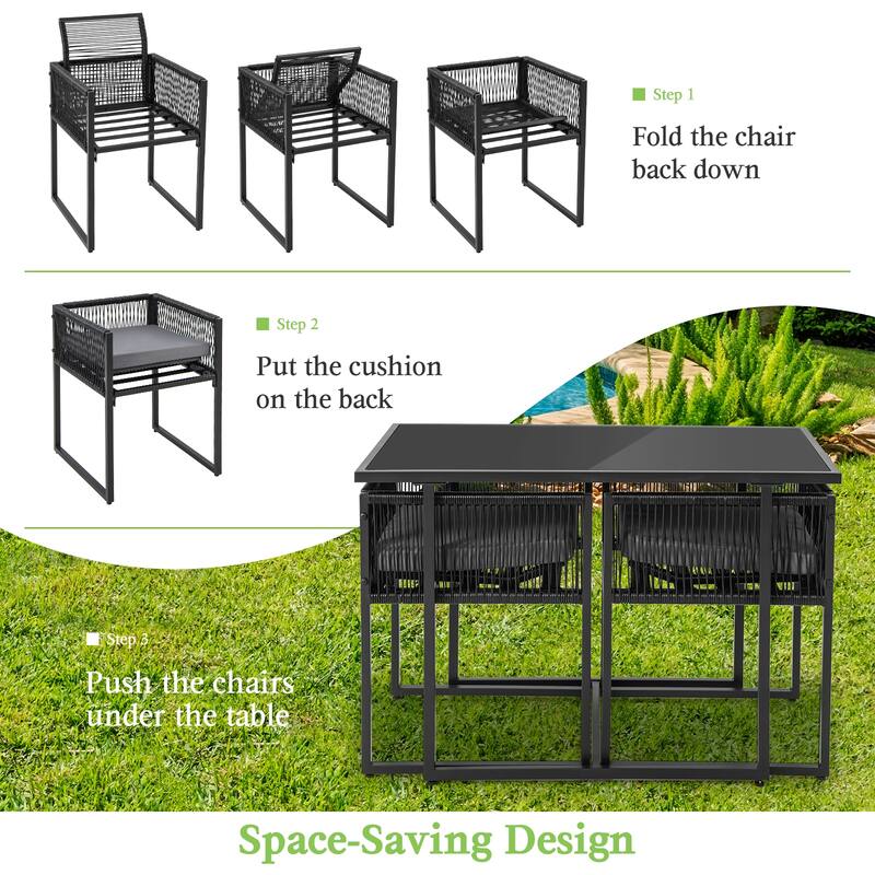3 Pieces Outdoor Dining Set with Folding Backrest and Seat Cushions-Black - 20.5" x 20.5" x 33.5"