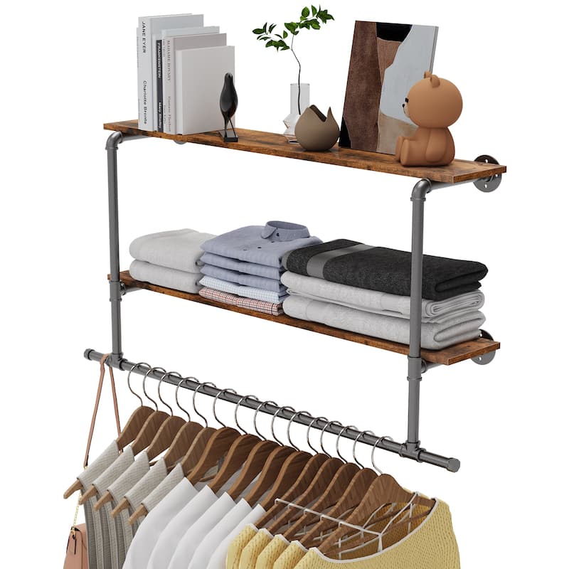 Wall Mounted Clothes Rack with Shelf Industrial Pipe Garment Rack Bar - 45.7x7.56x26.6 inch