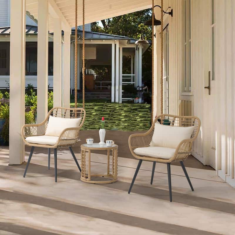 3-Piece Cushioned Bistro Set Patio Wicker Chair and Side Table - White Round Table