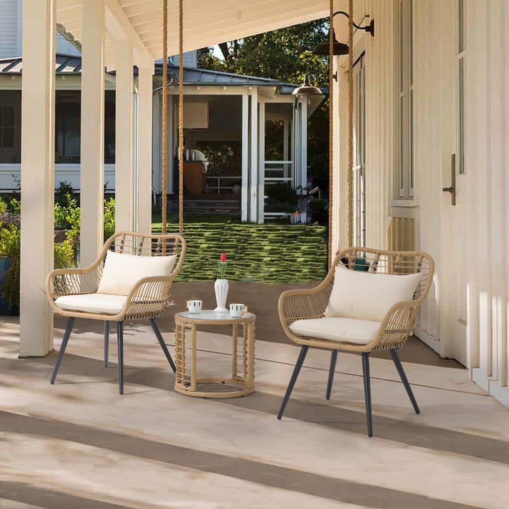 3-Piece Cushioned Bistro Set Patio Wicker Chair and Side Table